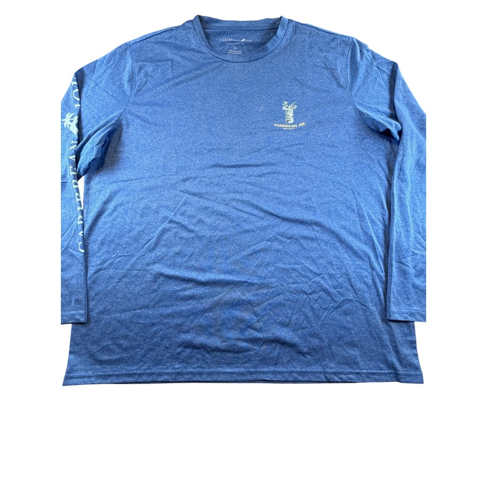 Caribbean Joe Mens XL Blue Tiki Faced Long Sleeve Graphic T-Shirt Heathered
